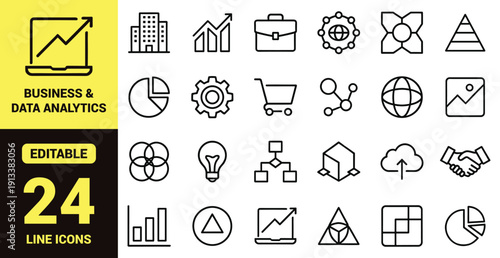 Business and data analytics icon set with charts, diagrams, collaboration symbols, cloud upload, innovation, global network, shopping cart, workflow, and essential business ranking elements