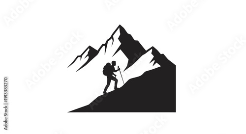 Hiker Climbing Mountain Peak Silhouette.