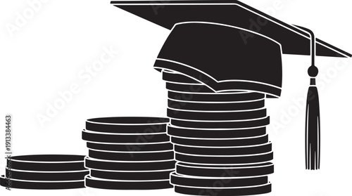 Graduation cap hovering over an open hand, symbolizing the conferral of a degree or the gifting of education and opportunities. Black and white vector.
