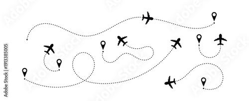 Aerial Flight Paths Travel Routes and Aircraft Design with Dotted Flight Paths and Location Pins