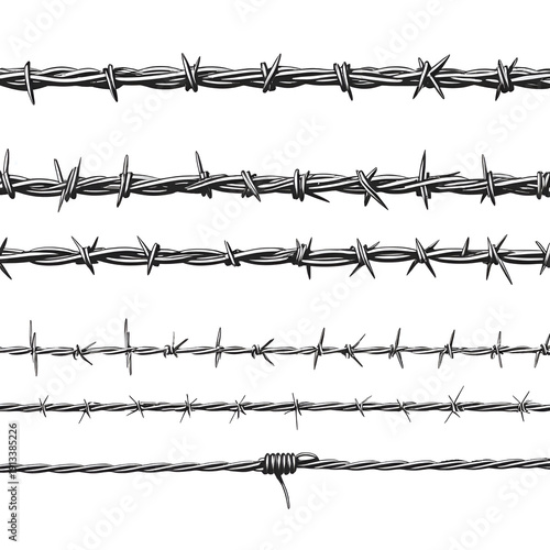 Barbed wire brushes. Brushes for Illustrator to draw barbed wire. Three different versions: unfilled, with white fill and in silhouette.