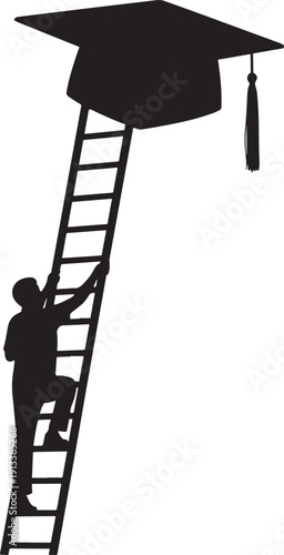 Silhouette of a graduate in cap and gown holding a diploma, standing in front of a star emblem.