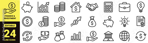 Finance and investment icon set with piggy bank, charts, coins, bitcoin, retirement plan, risk management, savings, growth, security, and essential finance ranking symbols in clean line‑art style