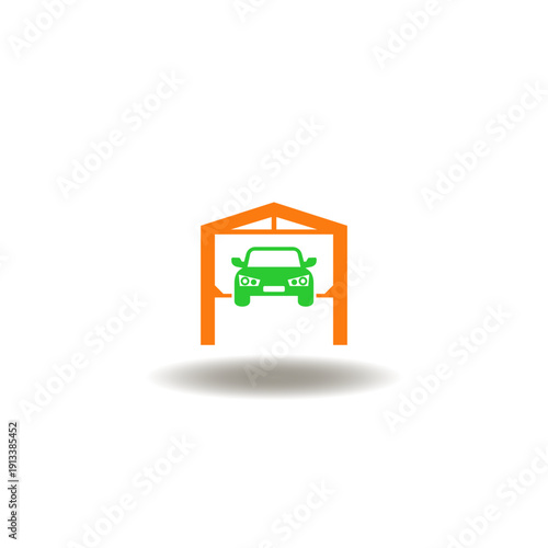 Vector illustration of garage with car lift and automobile. Symbol of auto service. Icon of vehicle garage repair and tuning.