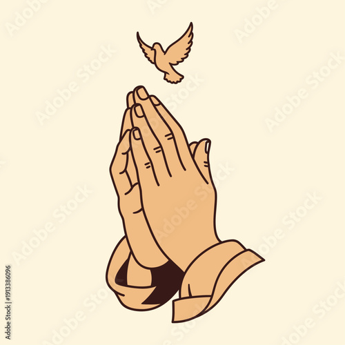 Hands in prayer with a dove flying above, symbolizing peace, faith, and spirituality in a simple, clean illustration style