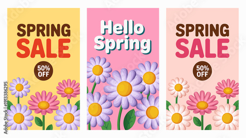 Spring sale banners with colorful flowers and hello spring text