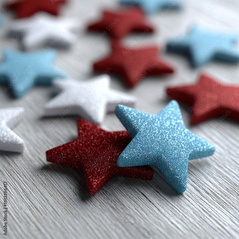 Fototapeta premium Colorful glittery stars on wooden surface in patriotic theme