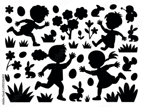 Silhouette of children playing Easter egg hunt with bunnies and flowers