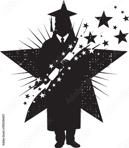 Dynamic silhouette of a running graduate in a cap and gown with flowing robes, symbolizing the pursuit of future goals.