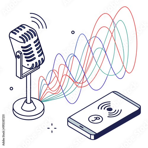 Vibrant audio waves emanating from modern microphone to wireless device