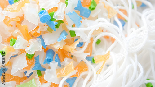 Recycled PET bottle flakes and white polyester FDY yarn.