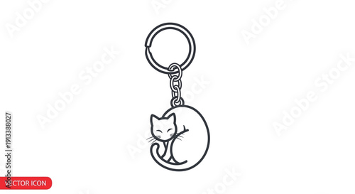 Minimalist Line Art Curled Cat Silhouette Keychain Charm in Deep Charcoal Grey. transparent.
