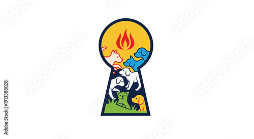 Geometric Vector Icon of a Keyhole Opening into a World of Pets. transparent.