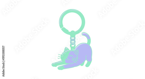 Whimsical Illustration Happy Cat Stretching Keychain Charm in Cool Pastels. transparent.