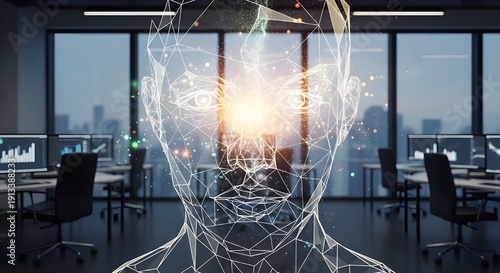Abstract Digital Human Head with Glowing Brain in Modern Office Background
