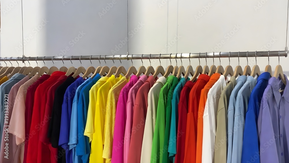 Fototapeta premium Colorful clothing arranged in a rainbow gradient on hangers