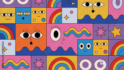 A colorful cartoon pattern featuring various emotive faces, rainbow, and stars from a direct viewpoint.