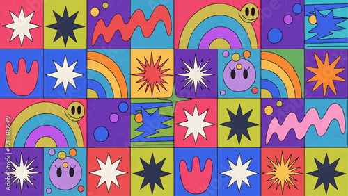 Vibrant abstract pattern featuring rainbow shapes and stars in a colorful grid layout