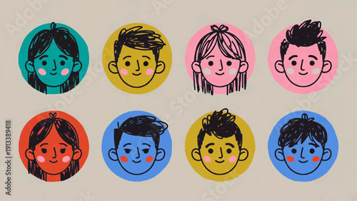 Diverse group of people with different facial expressions and hairstyles illustrated in a colorful and vibrant style