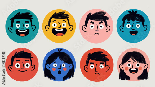Collection of diverse cartoon faces displaying various emotions in a grid pattern