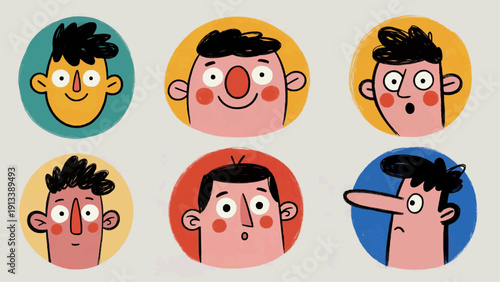 Collection of cartoon faces displaying various emotions and expressions in circular frames