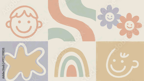 A vibrant collection of playful childish illustrations displayed in a grid layout with various colorful icons and smiley faces