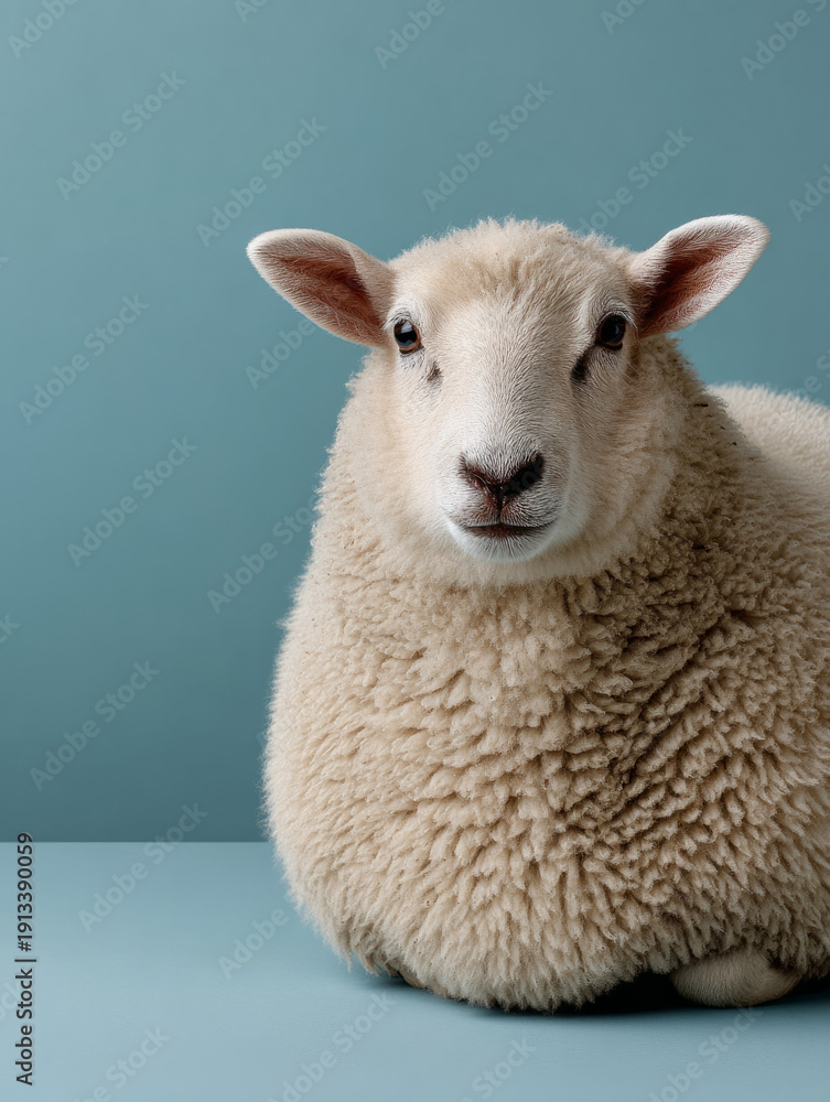 Obraz premium Cute sheep sitting against a plain blue background indoors