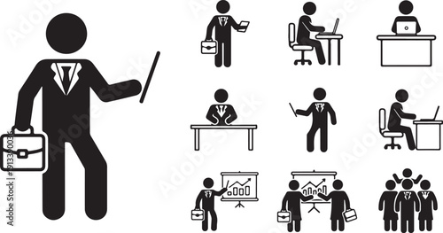 set of black vector business people icons in various office settings and activities isolated on transparent background