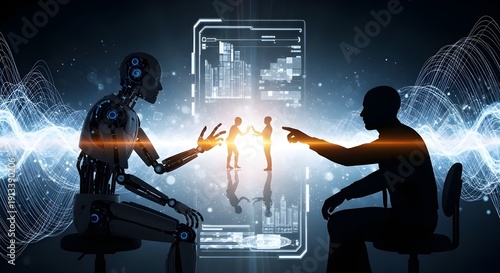 AI robot and human silhouette interacting with glowing business people on abstract screen