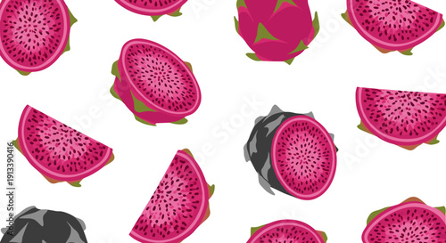 Scattered whole dragon fruits and pink cross-sections with black seeds, displaying various cuts and skin colors, form a vibrant pattern.