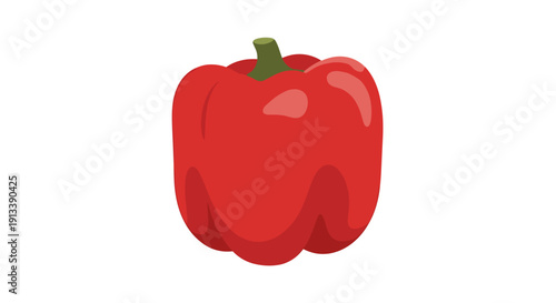 A single plump red bell pepper rests on a clean white background, viewed from a slightly lower angle.