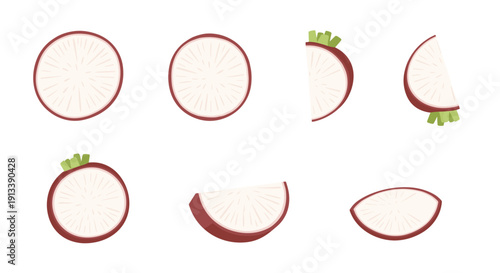 Various red radish slices and wedges, some with green stems, are presented in different orientations on a clean white background.