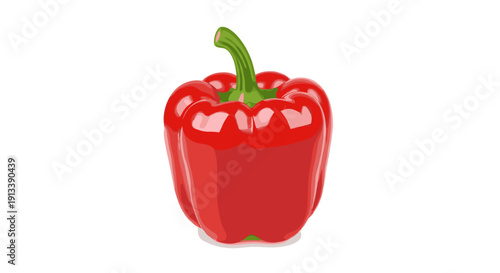 A glossy red bell pepper with a prominent green stem is positioned on a subtle shadow against a white background.