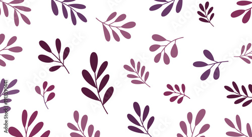 Numerous stylized purple and maroon leaves are scattered randomly across a plain white background, forming a decorative pattern.