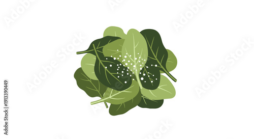 Pile of fresh green spinach leaves gently sprinkled with tiny white specks, ready for cooking or salad preparation on a white background.