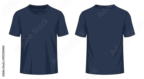 A simple dark blue short-sleeved t-shirt shown from both front and back perspectives against a clean white backdrop.