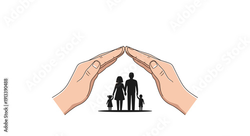 Two hands create a protective roof above a silhouetted family featuring father, mother, daughter, and son standing together.