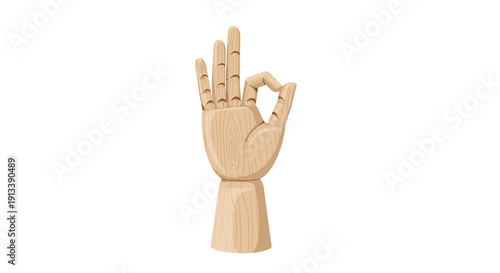 A light-colored wooden artist mannequin hand forming the universal OK gesture against a plain white background.