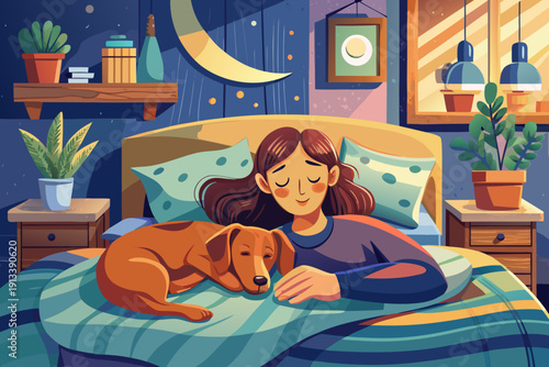 Young owner sleeping peacefully with brown dachshund on comfortable bed at home cozy intimate lifestyle scene warm soft morning light.