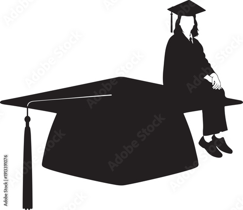 Black and white illustration of a graduation cap atop stacks of coins, symbolizing the high cost of education and student debt.