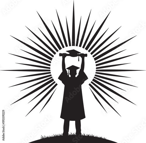 Silhouette of a graduate in a cap and gown with a flowing cape, striking a superhero pose, embodying excellence and empowerment.