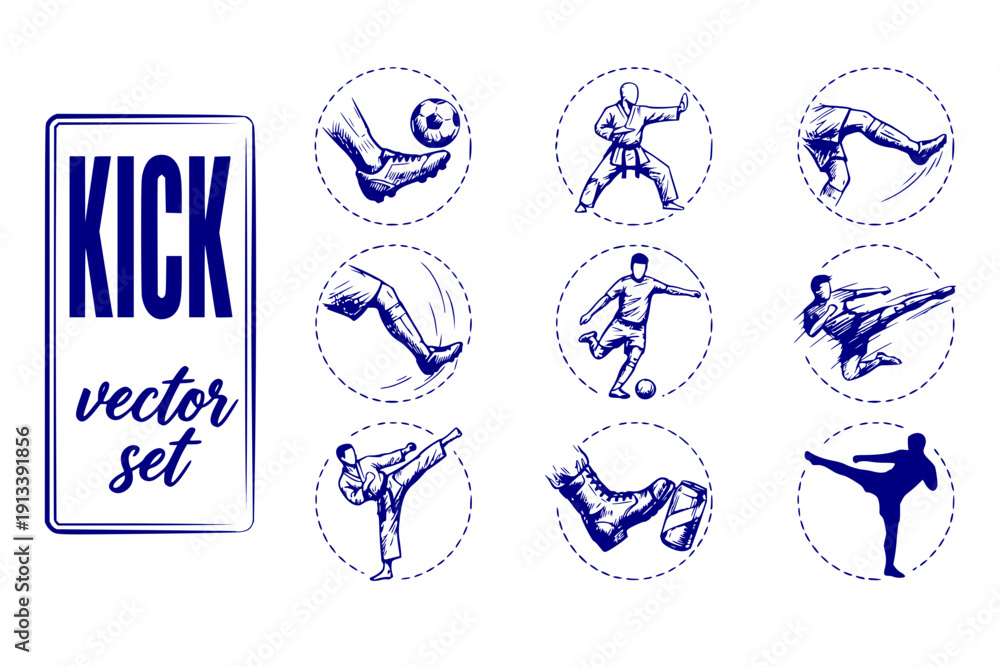 Fototapeta premium Kick Kicking-Action Martial-Arts-Kick Soccer-Kick Kick-Motion Karate-Kick Kick-Action Leg-Kick High-Kick Kick-Movement Vector Set - Kick Action