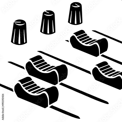 Minimal DJ equalizer bar icon, stacked rectangular black blocks forming sound frequency columns, flat vector illustration.