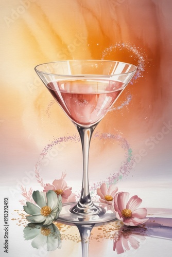 Delicate pink cocktail in a tall martini glass with soft flowers at the base on warm gradient background, romantic festive mood with gentle sparkle details