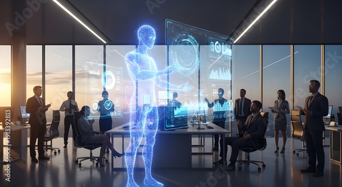 Holographic Humanoid Presenting Data in Modern Office Meeting