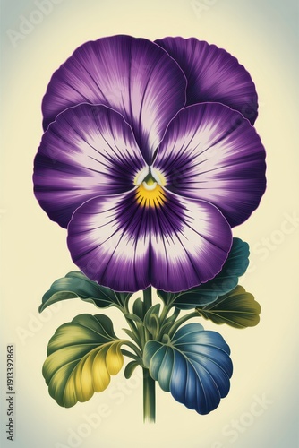 Purple pansy flower with detailed petals and green leaves on soft neutral background, vintage botanical illustration concept of elegance natural beauty and spring floral design