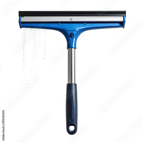 Blue & silver window squeegee tool with a rubber blade against a dark backdrop