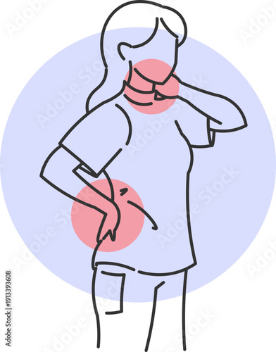 Woman experiencing simultaneous neck and lower back pain