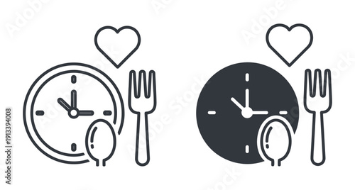 Meal timing schedule icons featuring clock cutlery and heart for weight loss nutrition