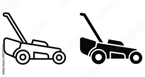 Two lawn mower icons in outline and solid styles for gardening and yard